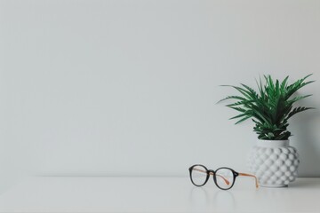 Poster - Minimalist Soft White Surface with Stylish Black Round Glasses and Potted Plant - Modern, Vibrant, Ready for Branding