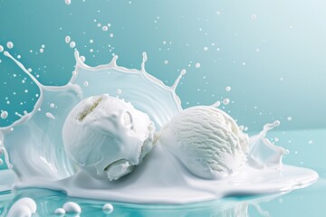 Dynamic Morning Shot of Vanilla Ice Cream Splashing in Milk - Fresh and Exciting Dessert Concept in a Serene Setting