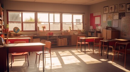 Wall Mural - Empty Classroom with Sunlight Shining Through Windows