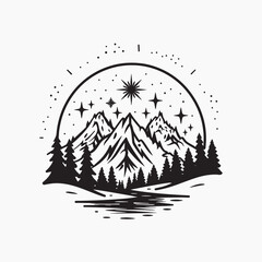 Sticker - Mountain landscape night sky illustration