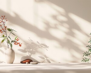 Poster - Minimalist Botanical-Themed Table with Soft Natural Lighting and Vibrant Decor for Fresh Product Display