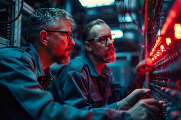 Poster - Technicians Working on Server Rack in a Data Center at Night. Generative AI