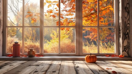 Poster - Autumn window scene and empty table for decor