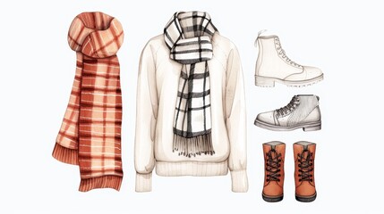 Wall Mural - Cozy autumn fashion sketch, featuring warm sweaters, scarves, and boots, with a focus on comfortable yet stylish seasonal wear