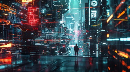 Poster - Futuristic Cyberpunk Cityscape with neon lights glowing for Modern Future Technology structure building Concept.
