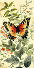 Wall Mural - Vintage botanical illustration, butterfly. AI generative.