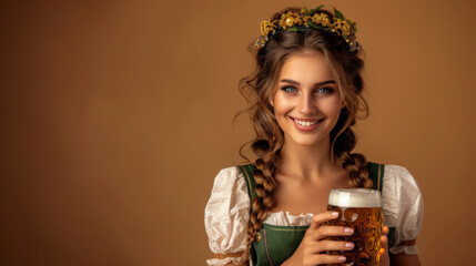 Wall Mural - Smiling attractive woman in beer fest costume, wearing a green dirndl, holding large glass of beer, solid brown background