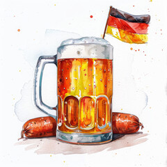 Wall Mural - Watercolor illustration beer glass, sausage and small germany flag, white background