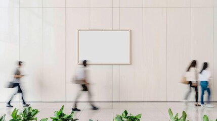 Poster - Modern Minimalist Interior Motion Blur of Diverse, Young Adults Passing by Blank Frame on Soft White Wall