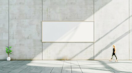 Poster - Modern Minimalist Interior with Empty Soft White Wall and Blank Frame People Passing by in Motion Blur in Vibrant Natural Lighting