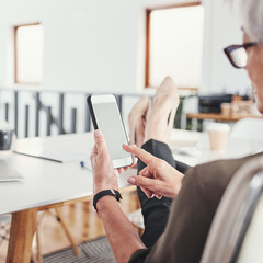 Fototapete - Phone, screen and woman at desk to relax, scroll and check on social media post, email or text in office. Break, chill and designer with smartphone, mobile app and online chat for business networking