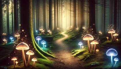 Wall Mural - Enchanted Forest Path Glowing Mushrooms and Magical Light.