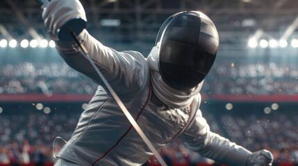 Wall Mural - Close-up of a fencer in action during an Olympic bout, precise movements and focused expressions, fencing piste and audience in the background, Portrait close-up, hyper-realistic, high detail,