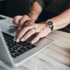 Aufkleber - Business, mature woman or hands on laptop with typing for article review, editing blog post or copywriting. Freelancer, journalist and story research for creative project, feedback or closeup at desk