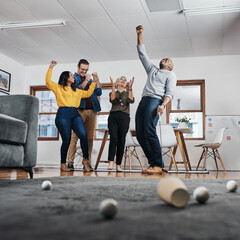 Poster - Business people, teamwork and playing golf in office with celebration, support and fun activity. Sport collaboration, employees and excited group for ball in cup with applause, cheering and winning