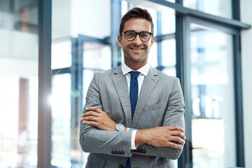 Fototapete - Crossed arms, smile and portrait of businessman in office with confidence for finance career. Happy, corporate and male financial specialist with pride for company revenue and wealth management.