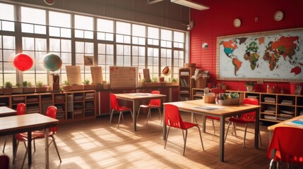 Wall Mural - Classroom with Sunlight and a World Map