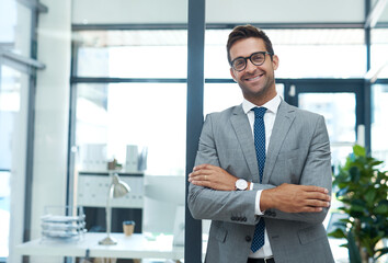 Fototapete - Crossed arms, confident and portrait of businessman in office with ambition for finance career. Happy, corporate and male financial specialist with pride for company revenue and wealth management.