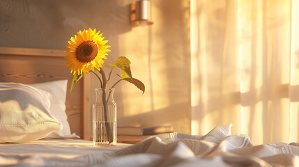 A cheerful sunflower in a clear vase, placed on a bedside table with minimalistic bedroom decor and natural light streaming in, rendered in UHD 8k as a masterpiece 