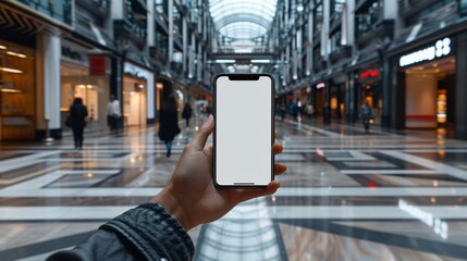 Poster - Detailed POV capture showing a hand holding a mobile phone with a blank white screen in an online shopping app environment Stock Photo with copy space