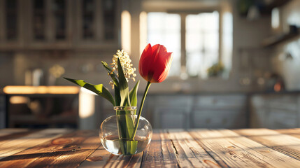 A single red tulip in a crystal vase, elegantly placed on a wooden dining table in a sunlit kitchen with rustic decor, rendered as a UHD 8k masterpiece 