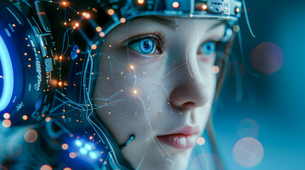 Fototapete - Artificial intelligence, a humanoid cyber girl with a neural network thinks. Artificial intelligence with a digital brain is learning to process big data. AI