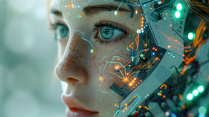 Fototapete - Artificial intelligence, a humanoid cyber girl with a neural network thinks. Artificial intelligence with a digital brain is learning to process big data. AI