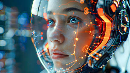 Fototapete - Artificial intelligence, a humanoid cyber girl with a neural network thinks. Artificial intelligence with a digital brain is learning to process big data. AI