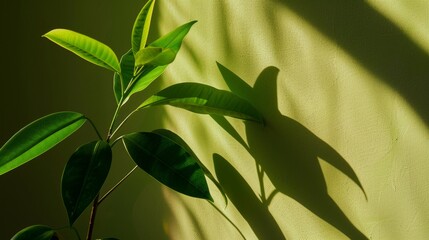 Poster - Vibrant Green Sprig Lit by Soft Light Beams on Smooth Surface - Fresh Nature Mood in Minimalist Composition