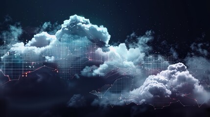 conceptual art piece showing a budget as a series of interconnected digital clouds, each cloud representing a different financial forecast