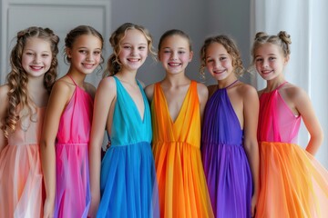 ecstatic teenage girls in vibrant dresses, plain background, photorealistic