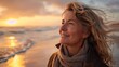 © Thanos - Mature Woman Breathing Ocean Air on Beach at Sunset, Smiling and Happy