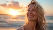 © Thanos - Mature Woman Breathing Ocean Air on Beach at Sunset, Smiling and Happy