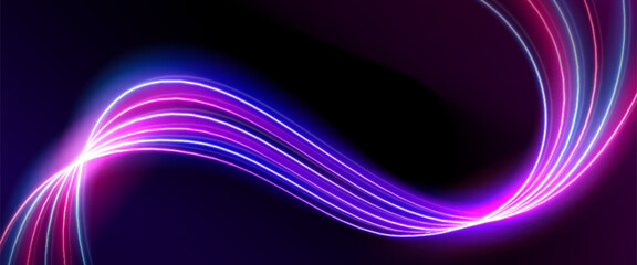 Wall Mural - Abstract pink neon light wave with glow effect. Blue and purple color curve flow with blur. 3d wavy stripe pulse with dynamic blend elements. Futuristic bright magic laser vortex vector background