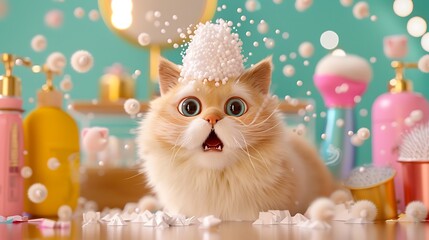 Adorable 3D Ragdoll Cat Having Its Fur Styled with Suds