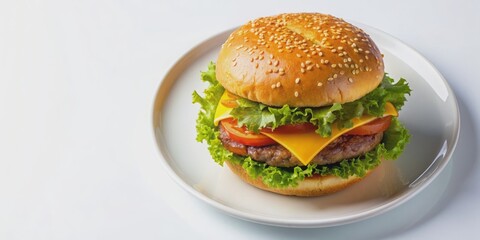 Delicious burger on a plate isolated on background. Fresh, tasty and appetizing cheeseburger. Tasty burger top view, burger