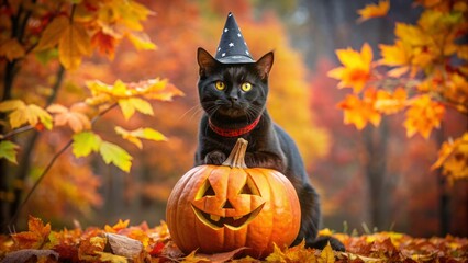 Adorable black cat donning miniature witch hat perches on ornately carved pumpkin amidst autumnal foliage, exuding spooky seasonal charm.