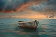 © ItziesDesign - A serene boat floats calmly on tranquil waters under a dramatic sky at sunset, embodying peace and solitude.