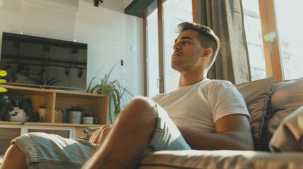 Wall Mural - A man is sitting on a couch in a living room