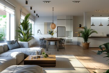 Wall Mural - Interior of modern living room with white walls, wooden floor, white sofa and dining table with black chairs.