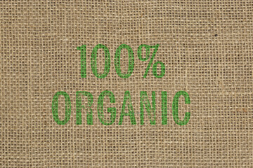 100% organic printed stamped on a hessian hemp burlap fabric sack.