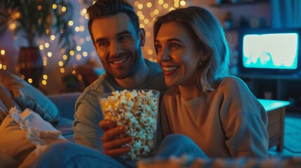 Wall Mural - A man and woman are sitting on a couch and watching a movie