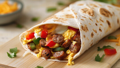 Poster - A burrito with sausage, eggs, and peppers is displayed on a wooden cutting board