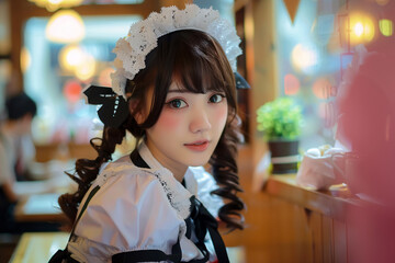 Beuatiful young Asian woman waitress dressed in maid costumes in Japanese Maid Café