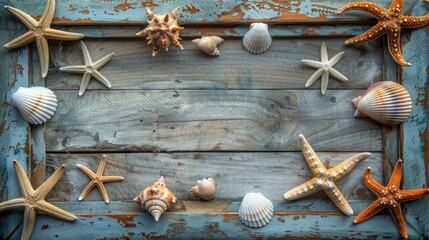 Poster - Beach-themed wooden frame with starfish and shells highlighting summer products. Horizontal studio layout.