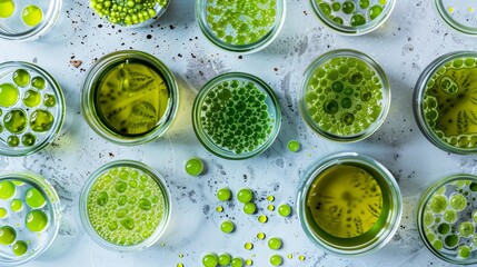 Flat lay of algae samples in petri dishes for biotechnology and biofuel research, top view of laboratory setup with microalgae and macroalgae specimens for scientific study and renewable energy develo