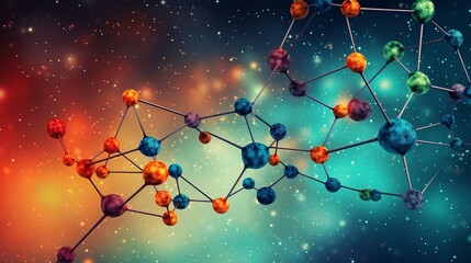 Poster - Background with vibrant colorful molecule structure representing scientific research and innovation, abstract art illustration showcasing molecular chemistry and biology concepts, ideal for educationa