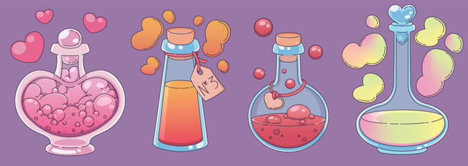 Aufkleber - Love potion bottle. Magic heart chemistry for test in game. Glass jar for medicine icon. Antidote formula in cork vial from laboratory. Dating perfume or drink poison for Valentine day design