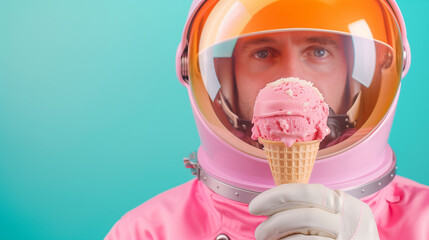 Wall Mural - Surreal image of an astronaut holding a pink ice cream cone against a teal background. Whimsical and vibrant scene with a pastel aesthetic.