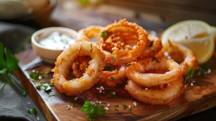 Wall Mural - Close up of Crispy Fried Calamari Rings on Wooden Board